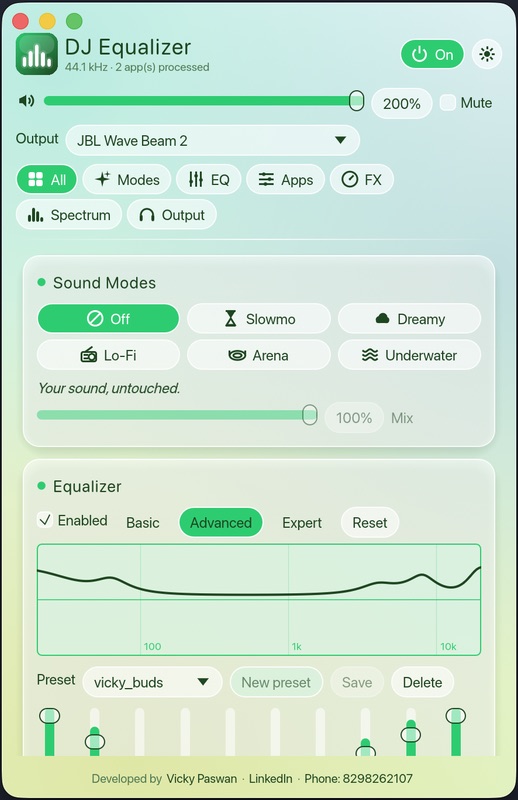 DJ Equalizer for Mac: volume boost at 200%, output device picker, sound modes and 10-band advanced equalizer